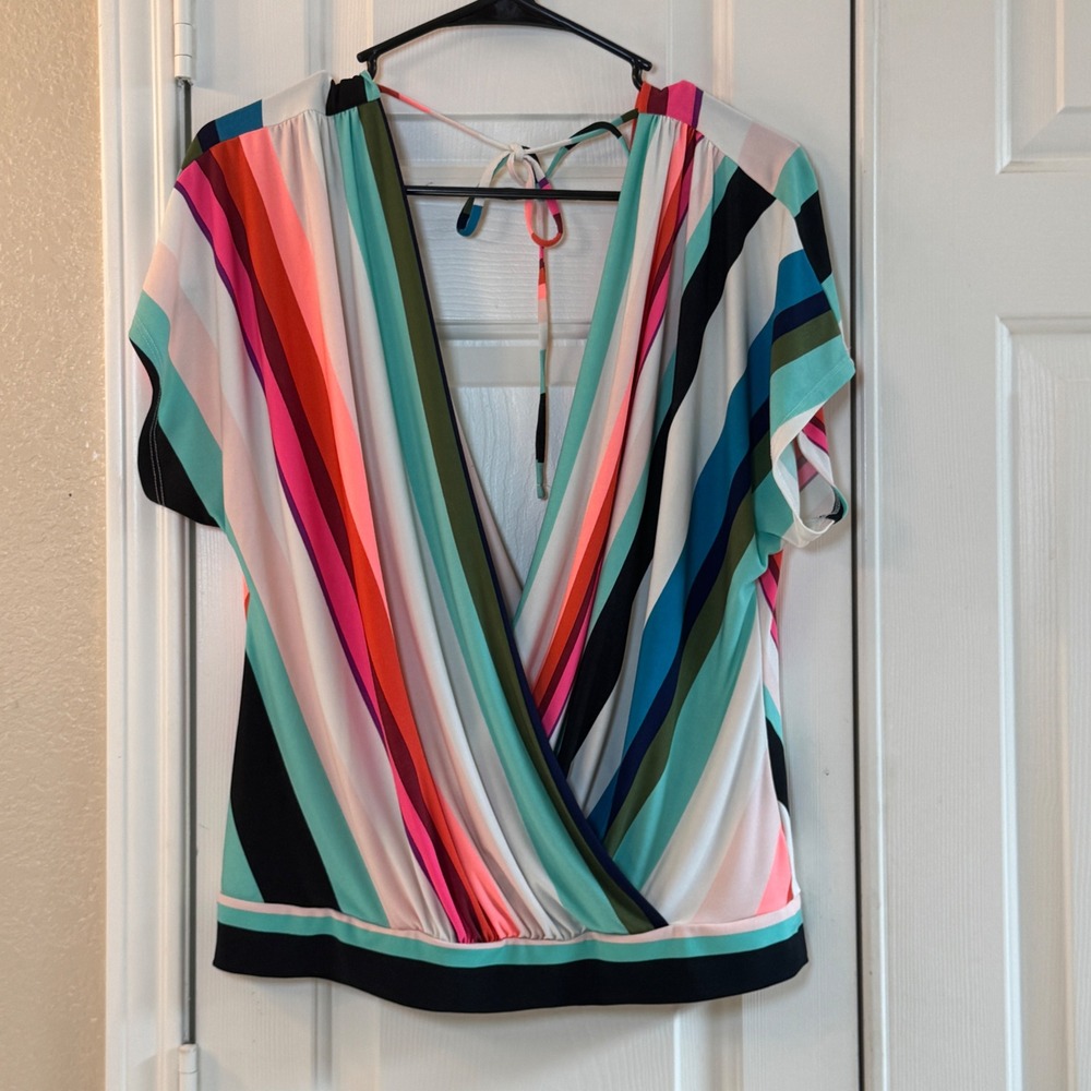 Express Stripes Multi‎ Color Criss Cross V-Neck Front Back Tie Top Women's Sz M